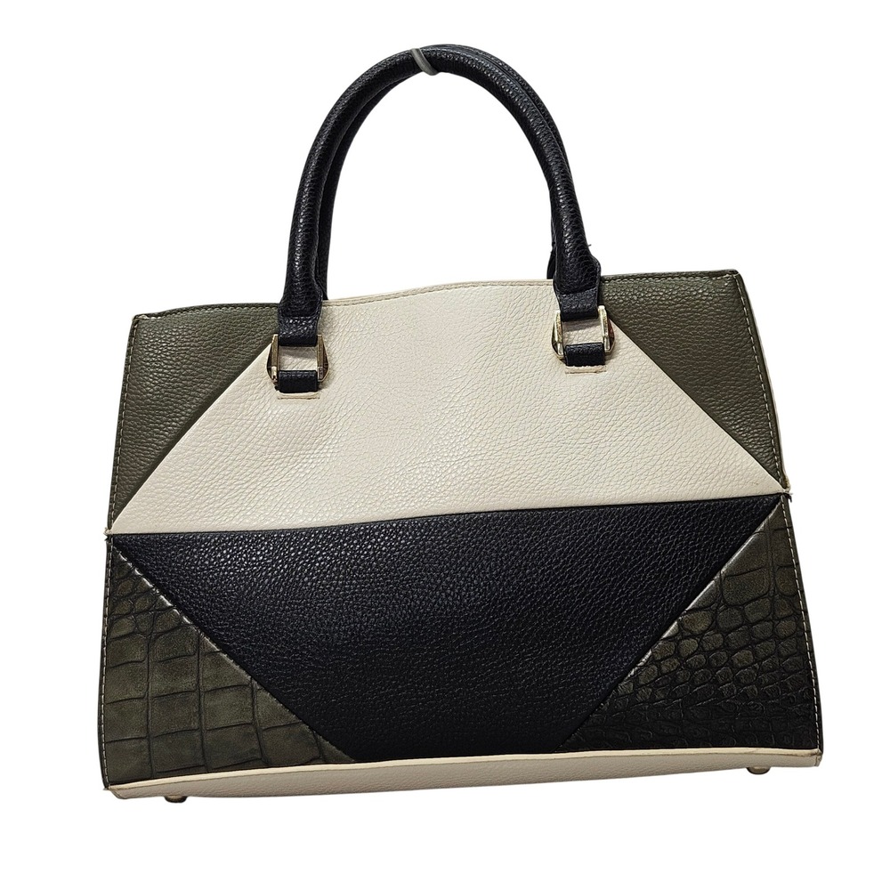 Charming Charlie‎ Colorblock Satchel Handbag Cream Black Olive Sneak Faux Skin